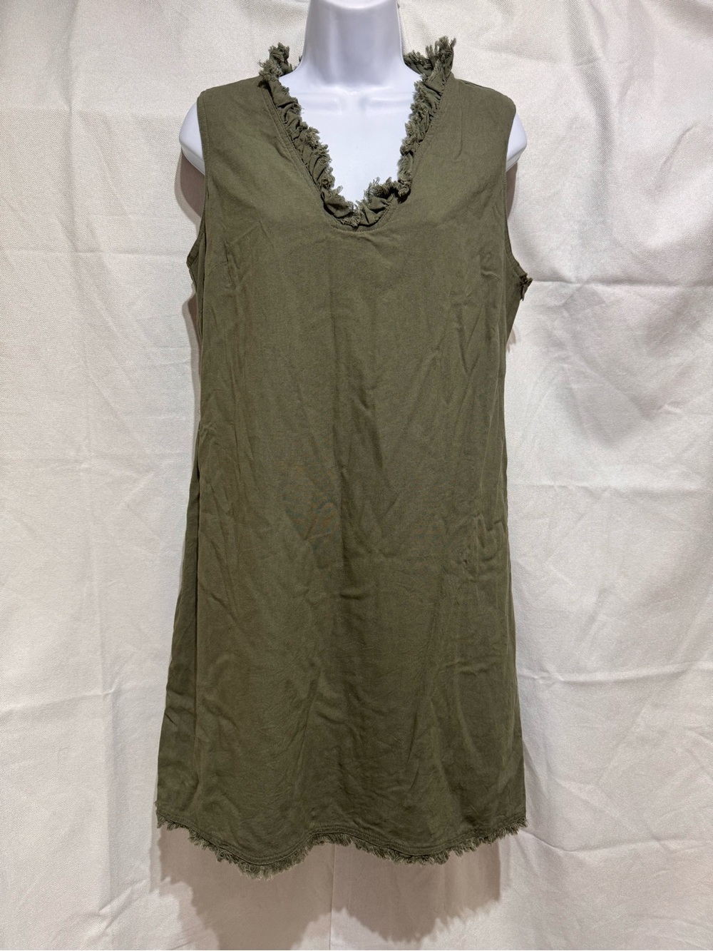 Carré Noir Olive Green Linen Blend Midi Shift Dress Sleeveless Ruffle V-Neck Med